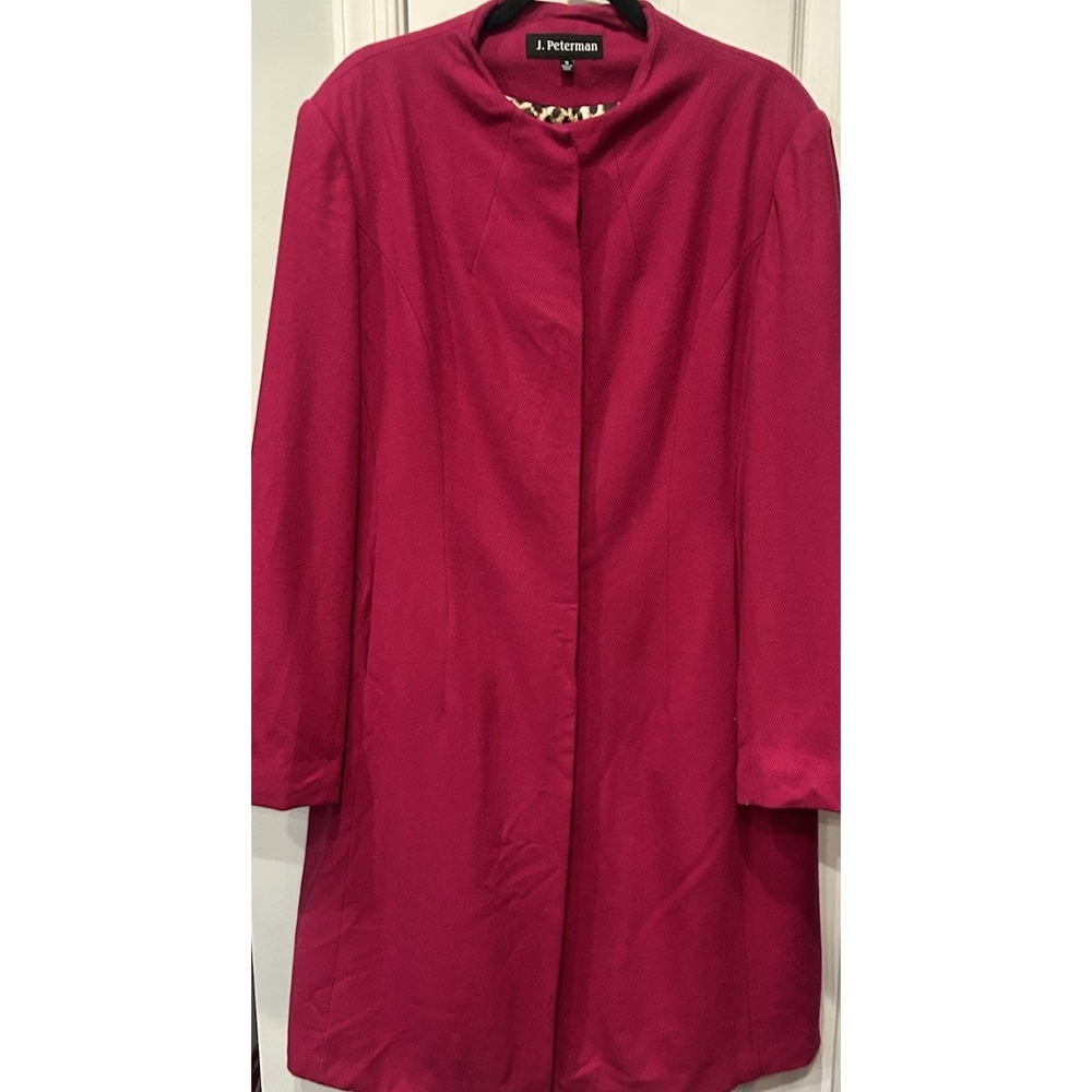 J Peterman Third Act Magenta Wool Blend Coat Size 18 Leopard Print Lined Preppy - Picture 2 of 15